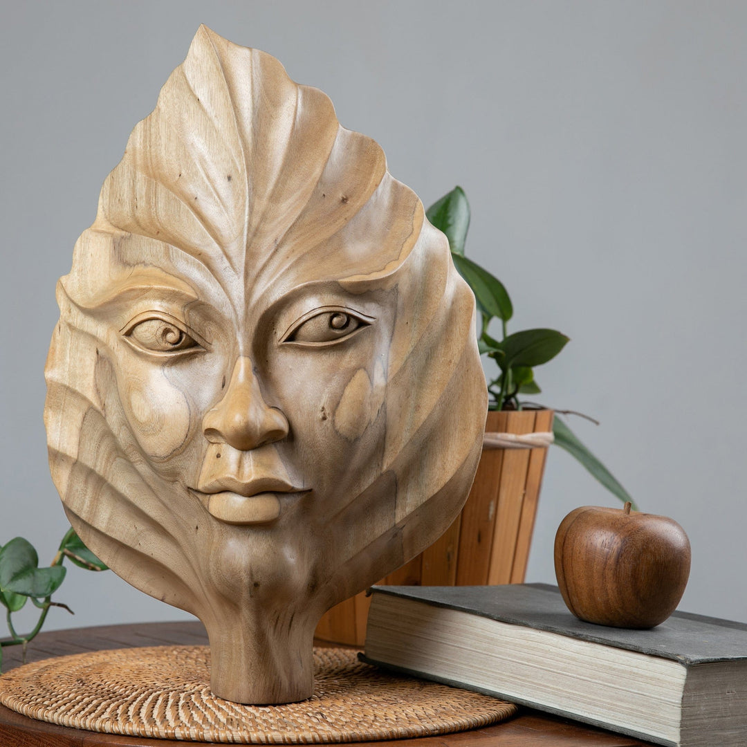 Hand-Carved Hibiscus Wood Wall Art of Leaf with Face - Looking at You