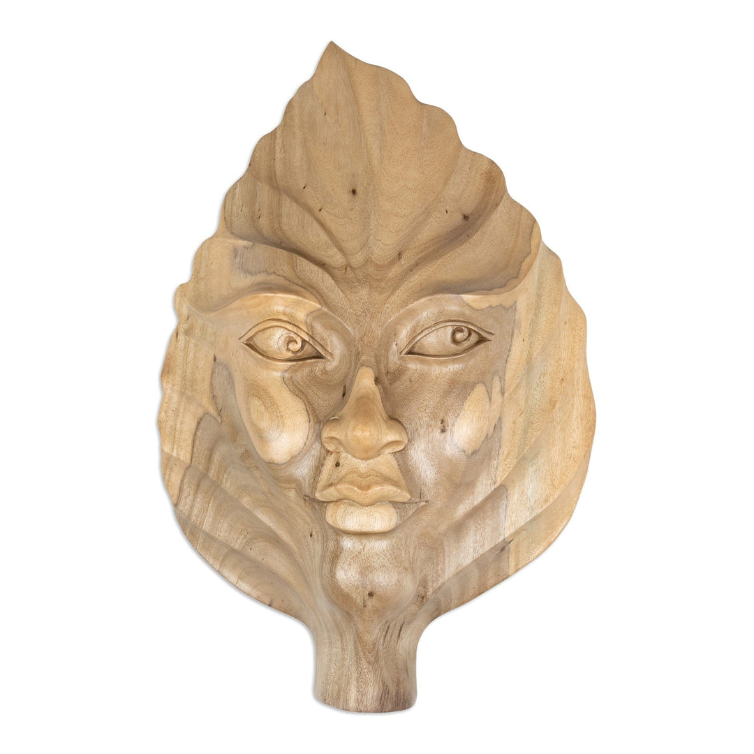 Hand-Carved Hibiscus Wood Wall Art of Leaf with Face - Looking at You