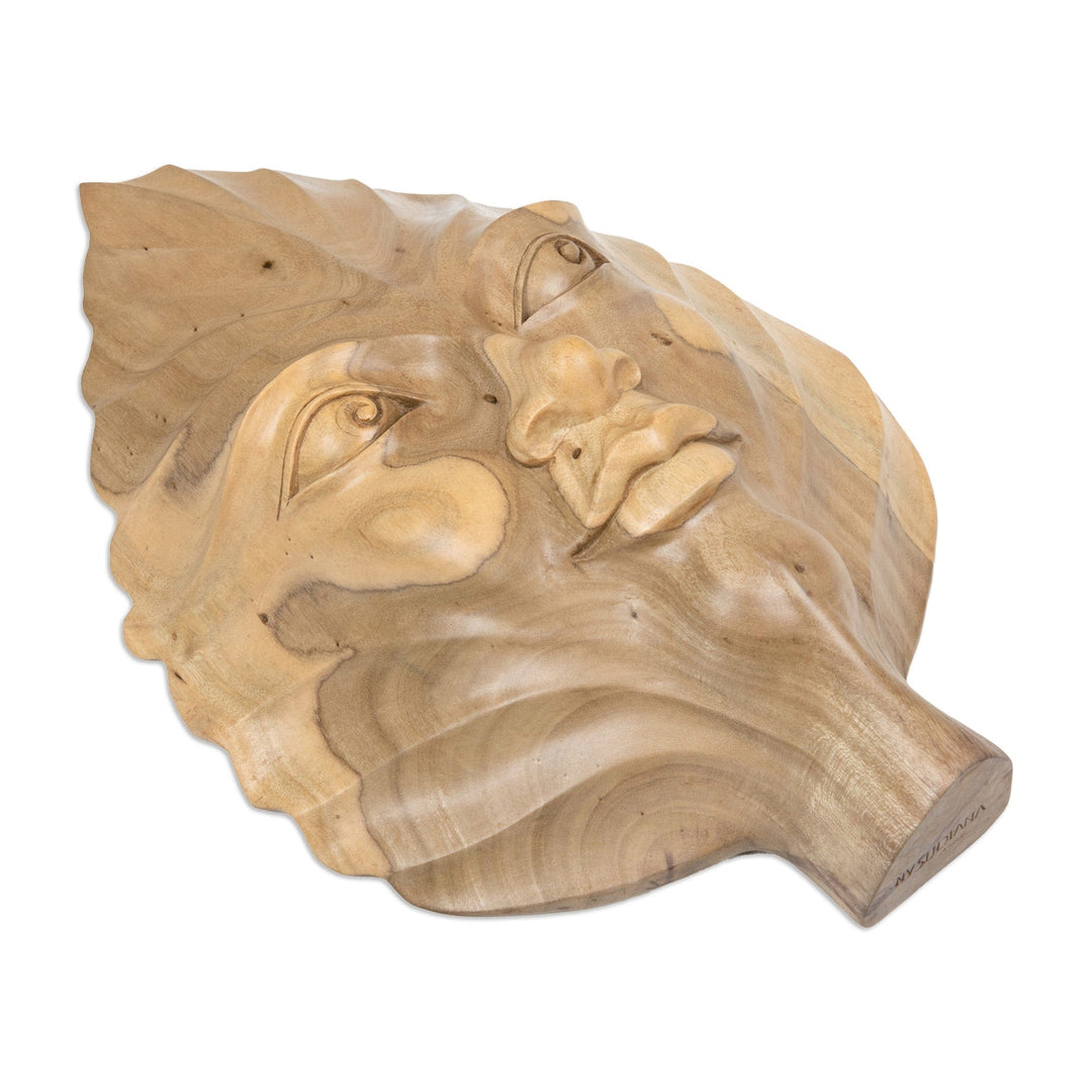 Hand-Carved Hibiscus Wood Wall Art of Leaf with Face - Looking at You