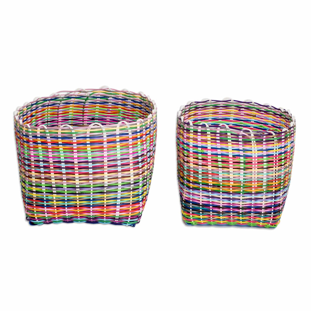 Set of 2 Handcrafted Colorful Recycled Plastic Baskets - Eco-Joy