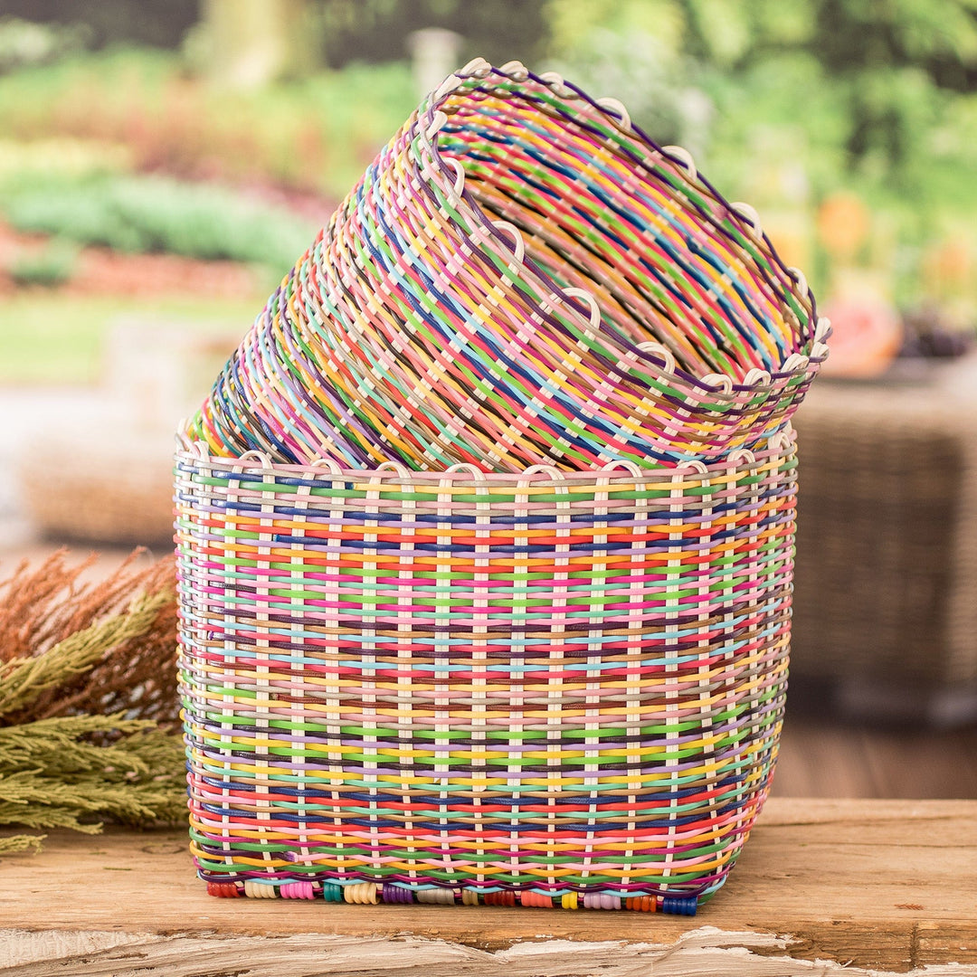 Set of 2 Handcrafted Colorful Recycled Plastic Baskets - Eco-Joy