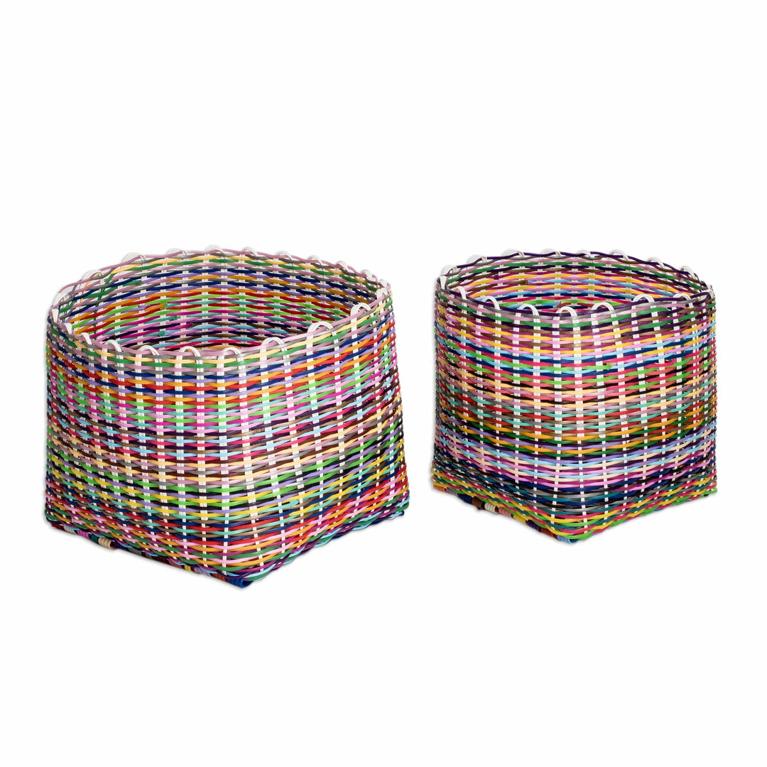 Set of 2 Handcrafted Colorful Recycled Plastic Baskets - Eco-Joy