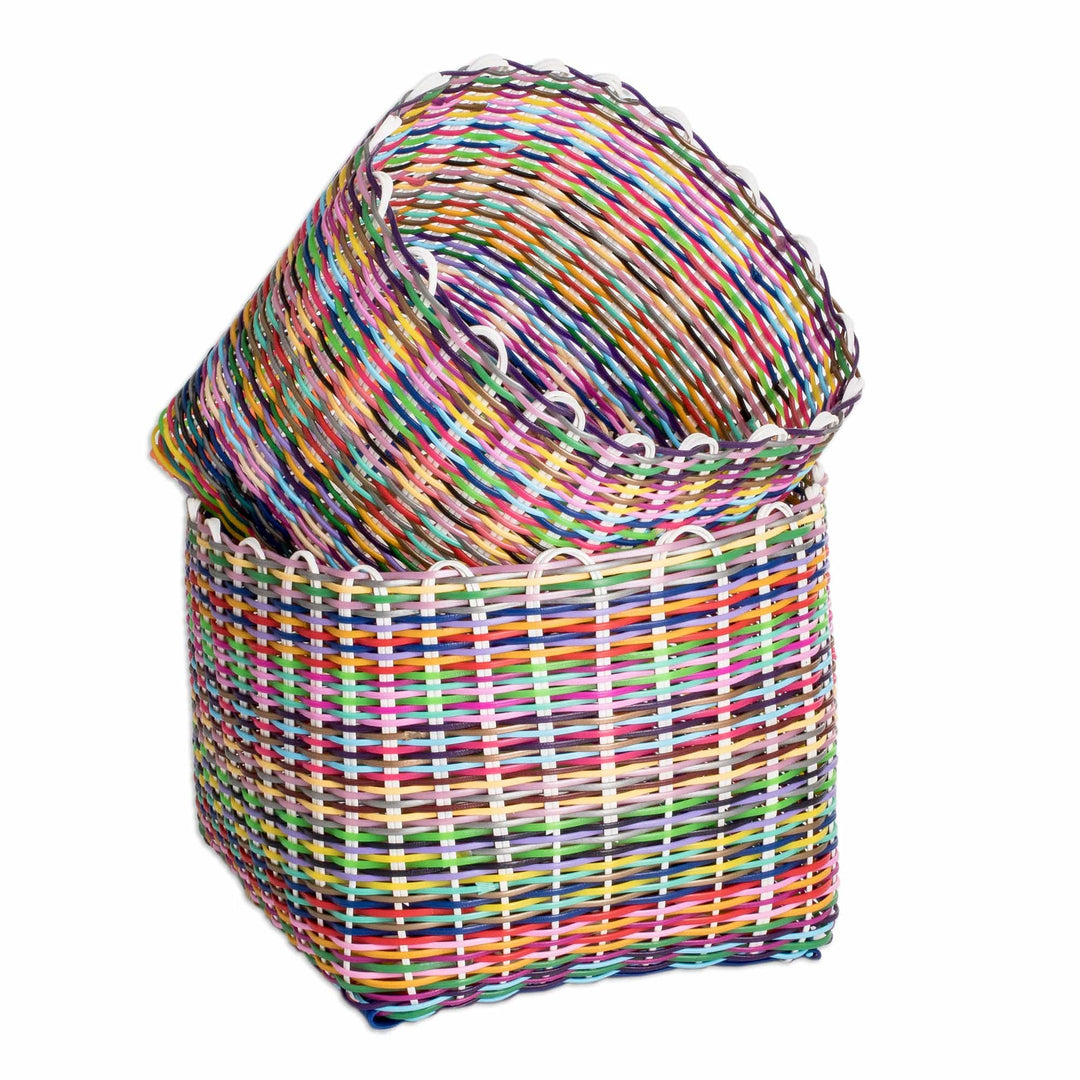 Set of 2 Handcrafted Colorful Recycled Plastic Baskets - Eco-Joy