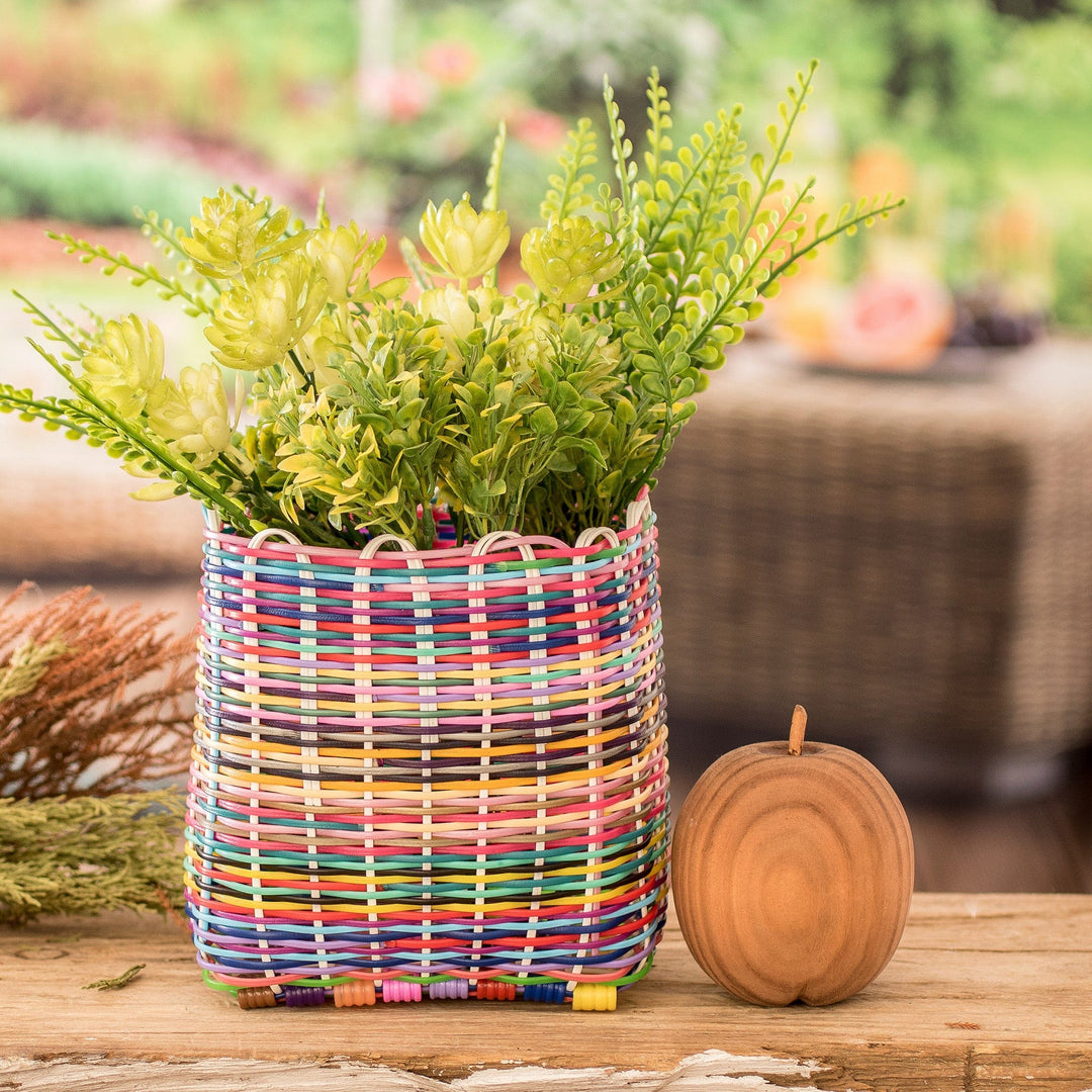 Handcrafted Striped Colorful Recycled Plastic Basket - Floral Thought