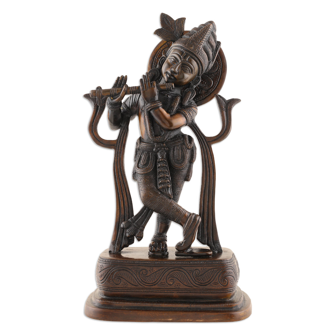 Traditional Folk Art Antiqued Brass Krishna Sculpture - Melodic Krishna