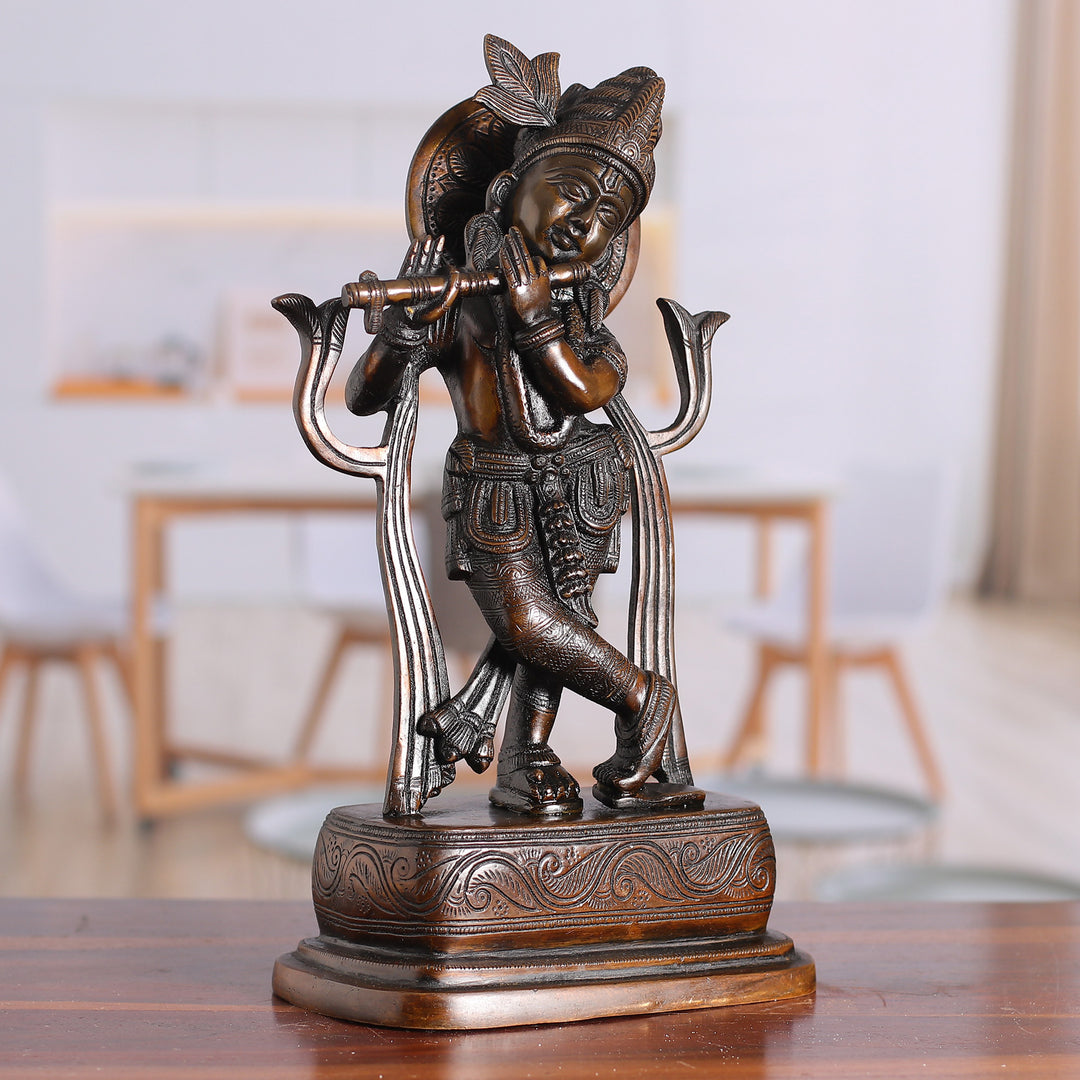 Traditional Folk Art Antiqued Brass Krishna Sculpture - Melodic Krishna
