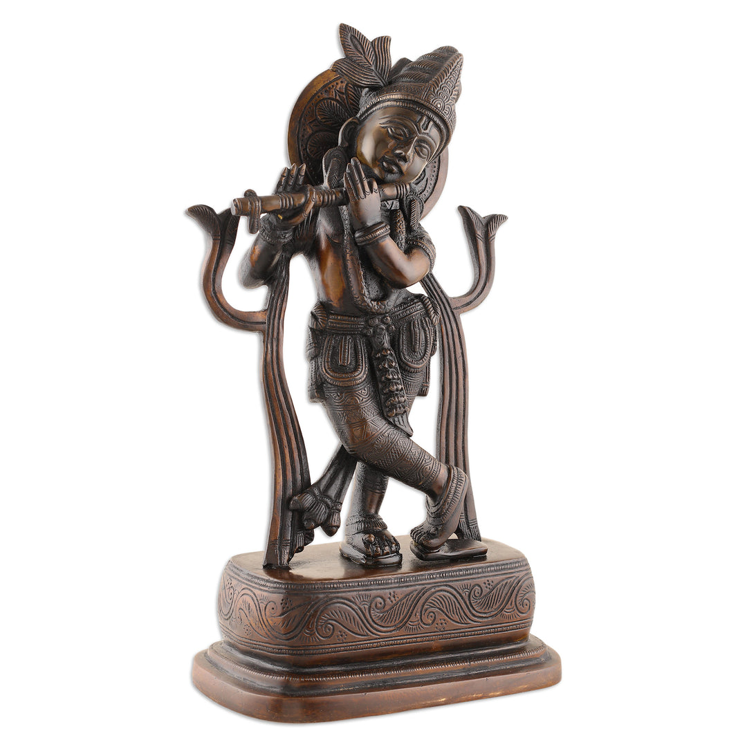 Traditional Folk Art Antiqued Brass Krishna Sculpture - Melodic Krishna