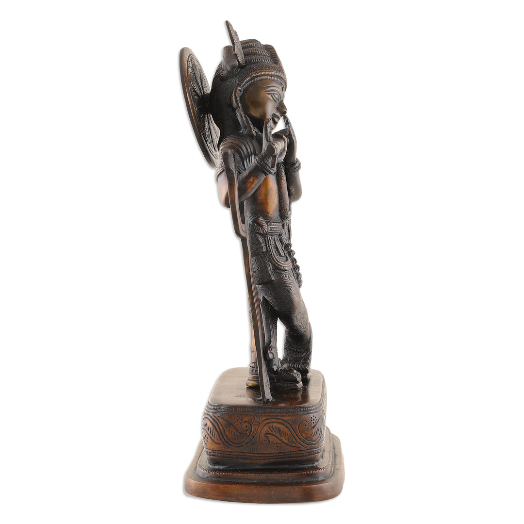 Traditional Folk Art Antiqued Brass Krishna Sculpture - Melodic Krishna