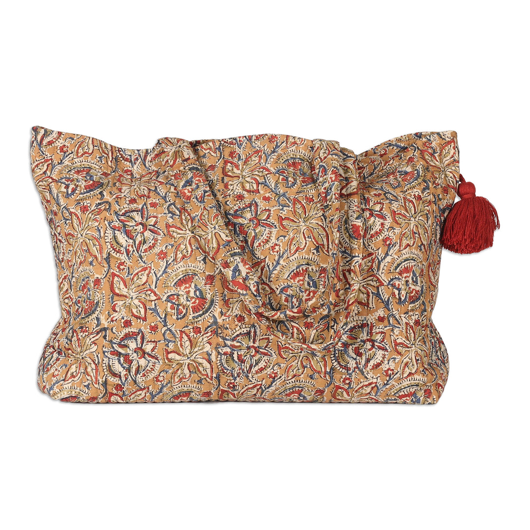 Block-Printed Floral Caramel Quilted Cotton Tote Bag - Weekends Away