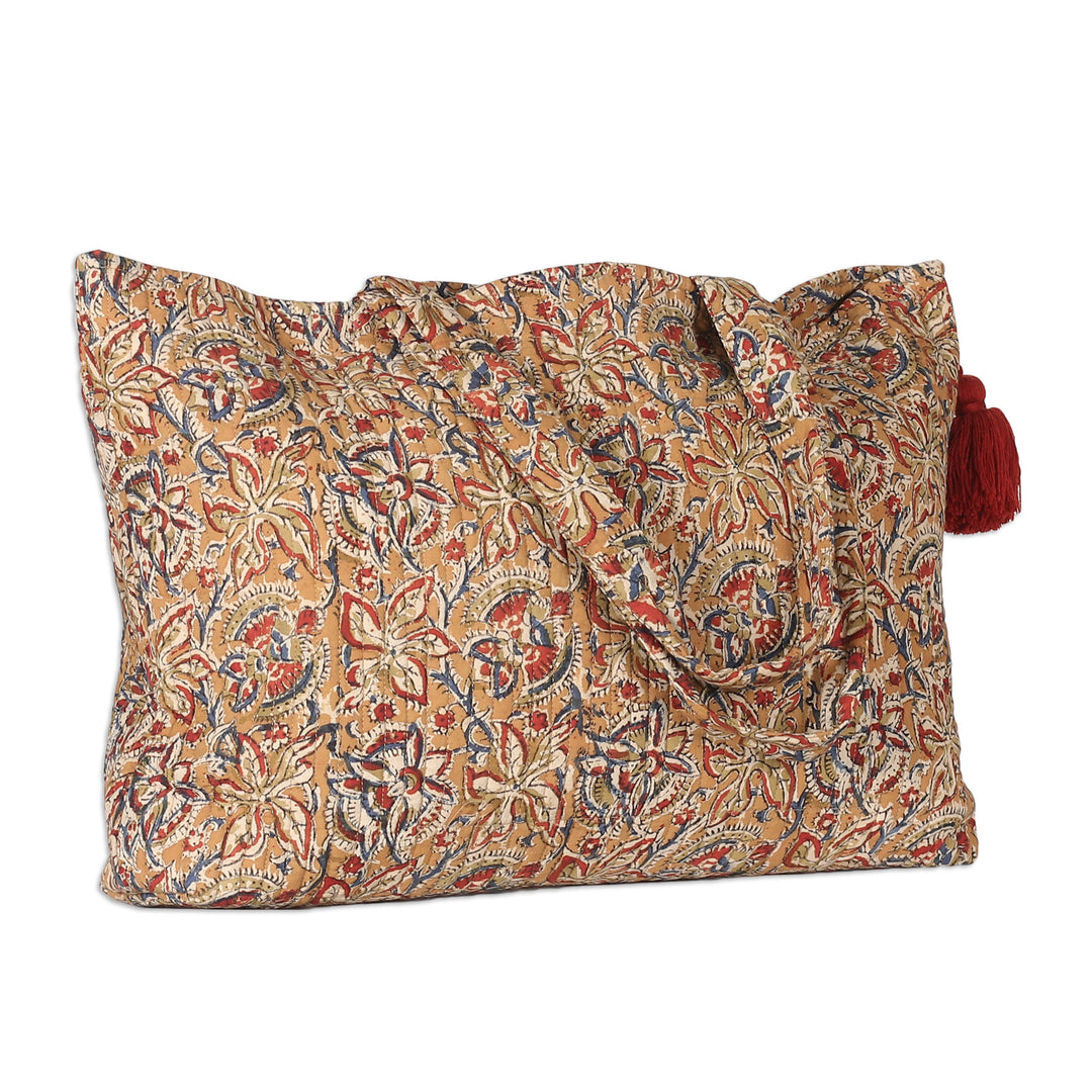 Block-Printed Floral Caramel Quilted Cotton Tote Bag - Weekends Away