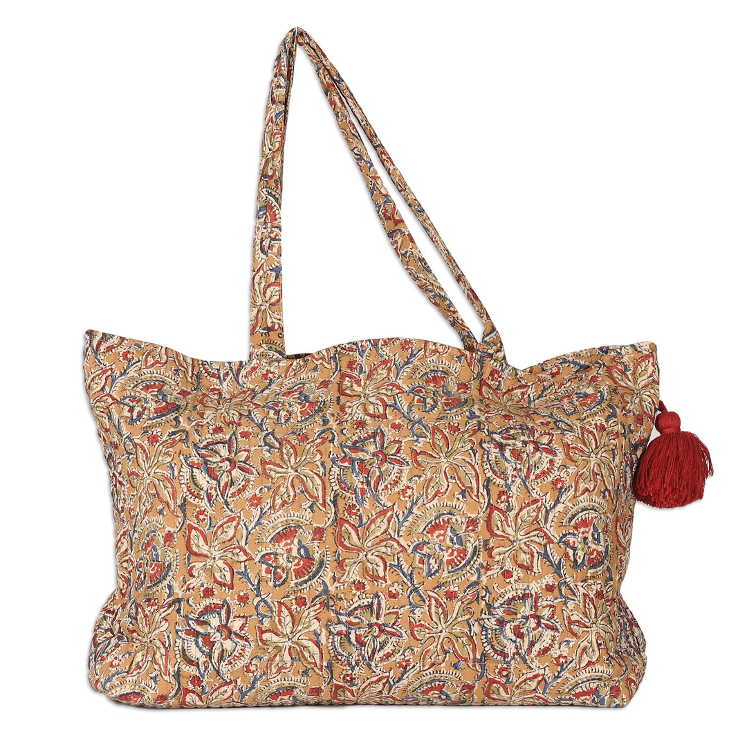 Block-Printed Floral Caramel Quilted Cotton Tote Bag - Weekends Away