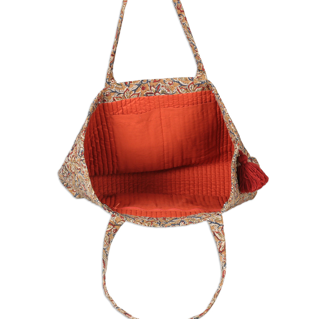 Block-Printed Floral Caramel Quilted Cotton Tote Bag - Weekends Away