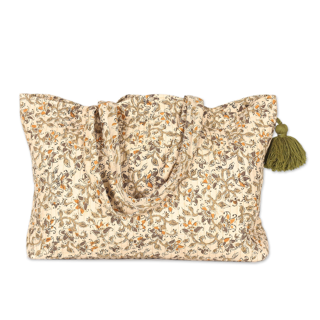 Quilted Cotton Floral and Leaf Tote Bag with Green Tassel - Garden Fantasy