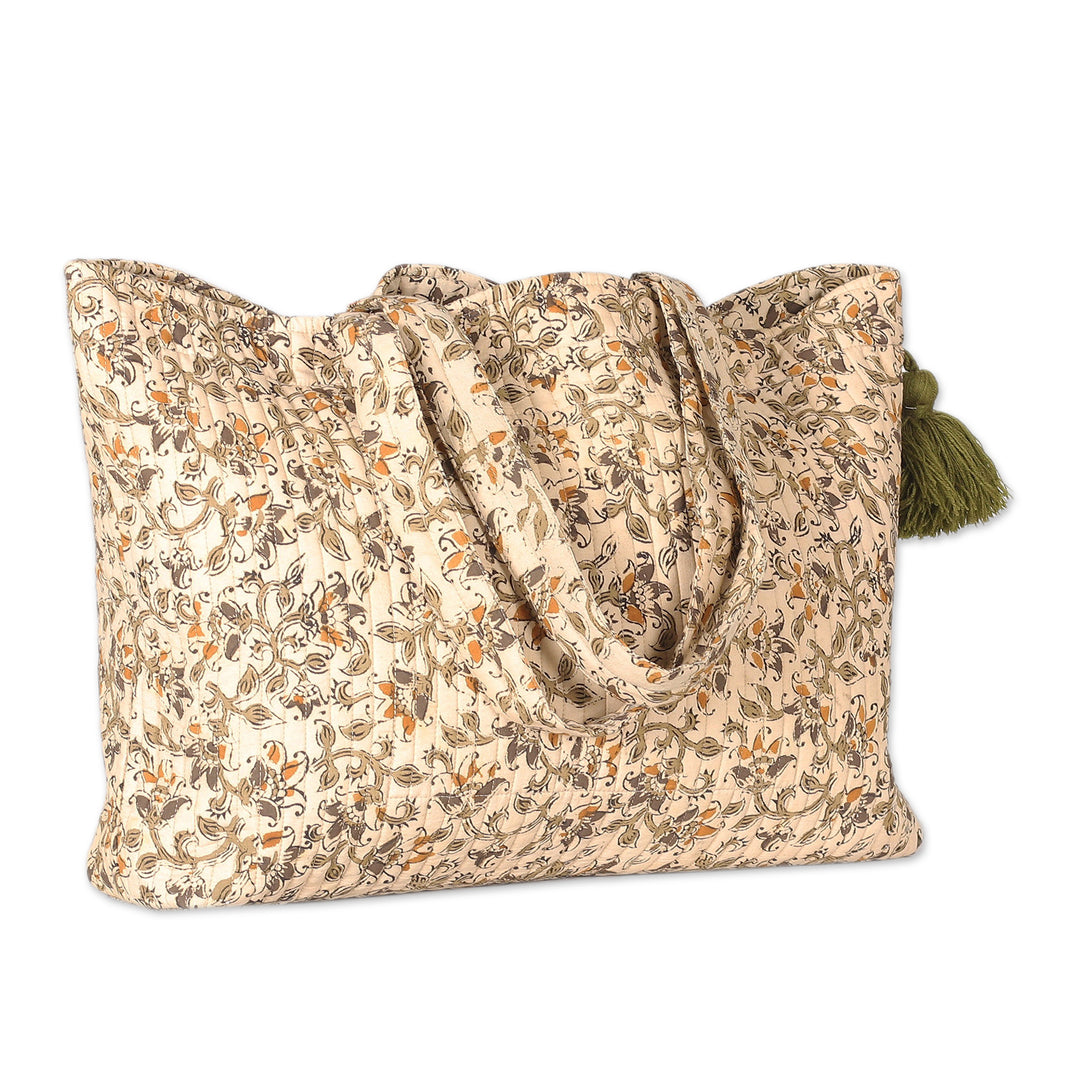 Quilted Cotton Floral and Leaf Tote Bag with Green Tassel - Garden Fantasy