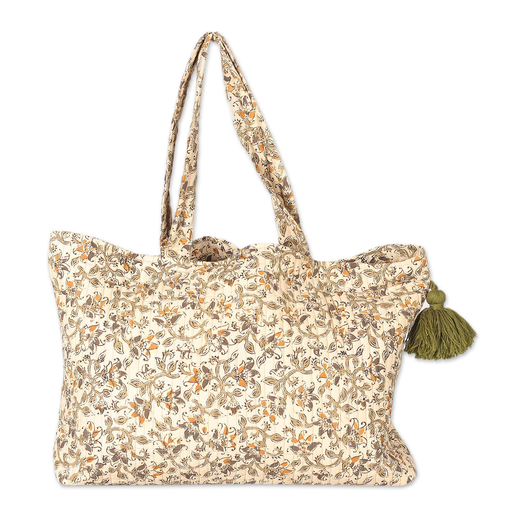 Quilted Cotton Floral and Leaf Tote Bag with Green Tassel - Garden Fantasy