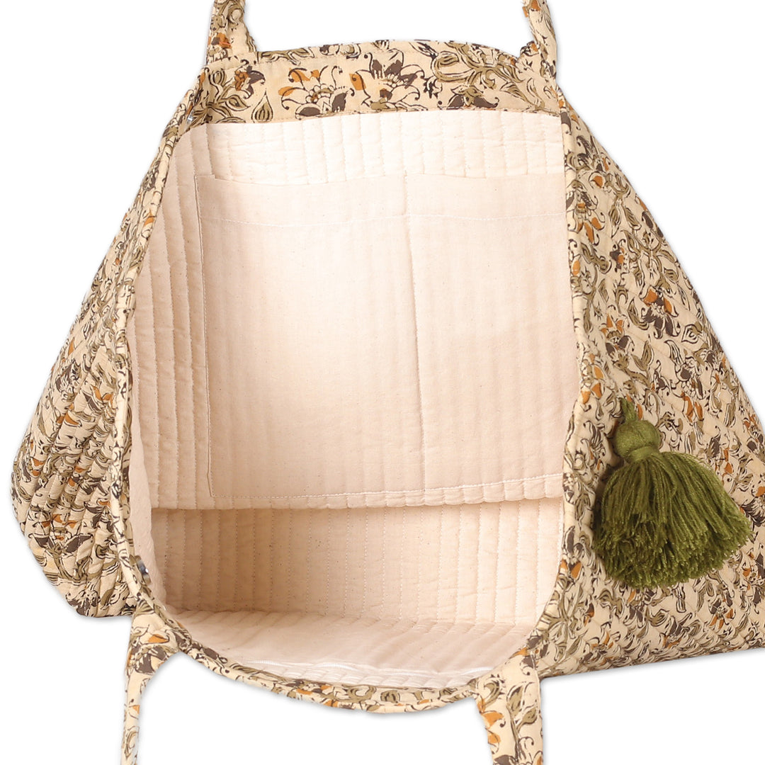 Quilted Cotton Floral and Leaf Tote Bag with Green Tassel - Garden Fantasy