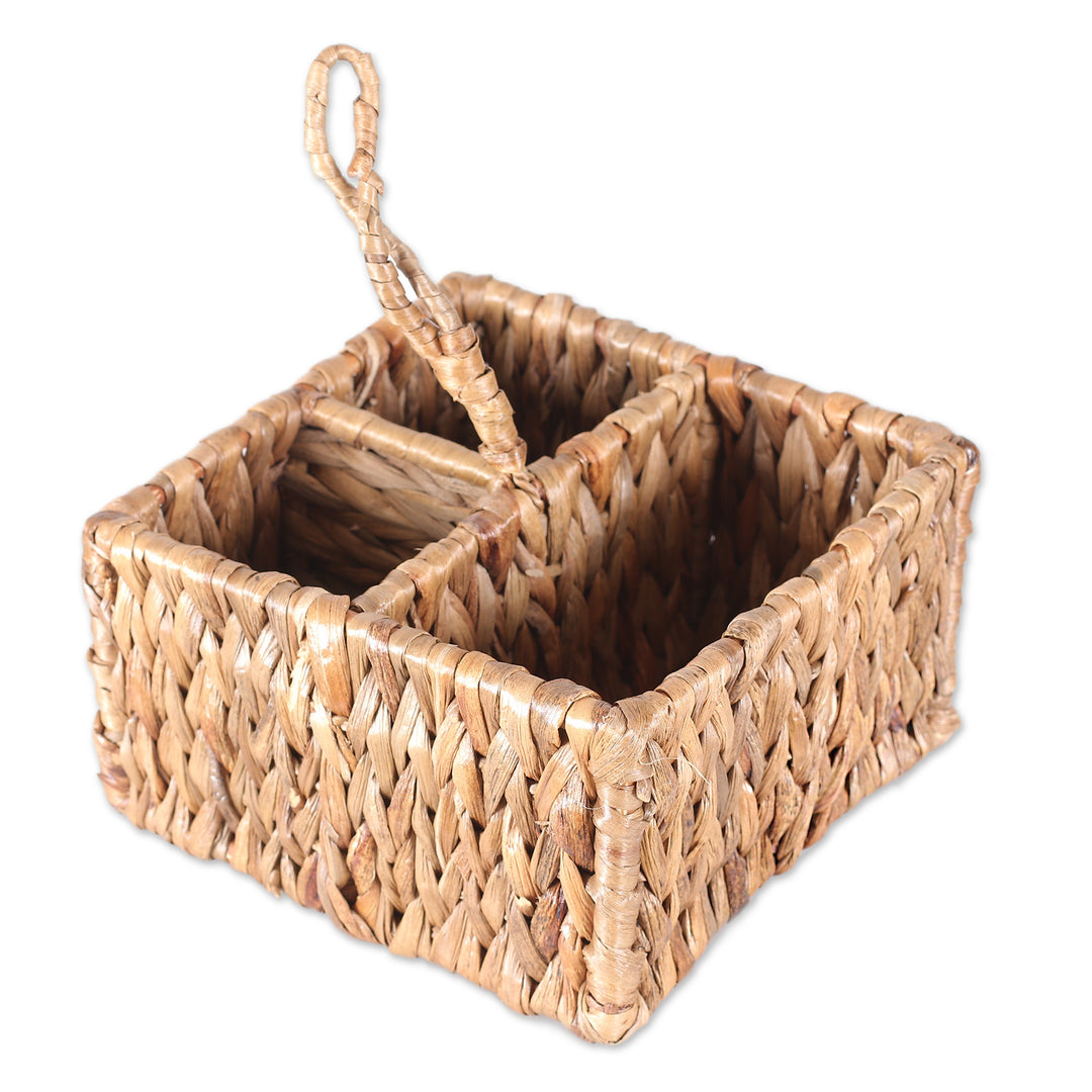 Water Hyacinth and Cane Fiber Three-Slot Cutlery Organizer - Neatly Natural
