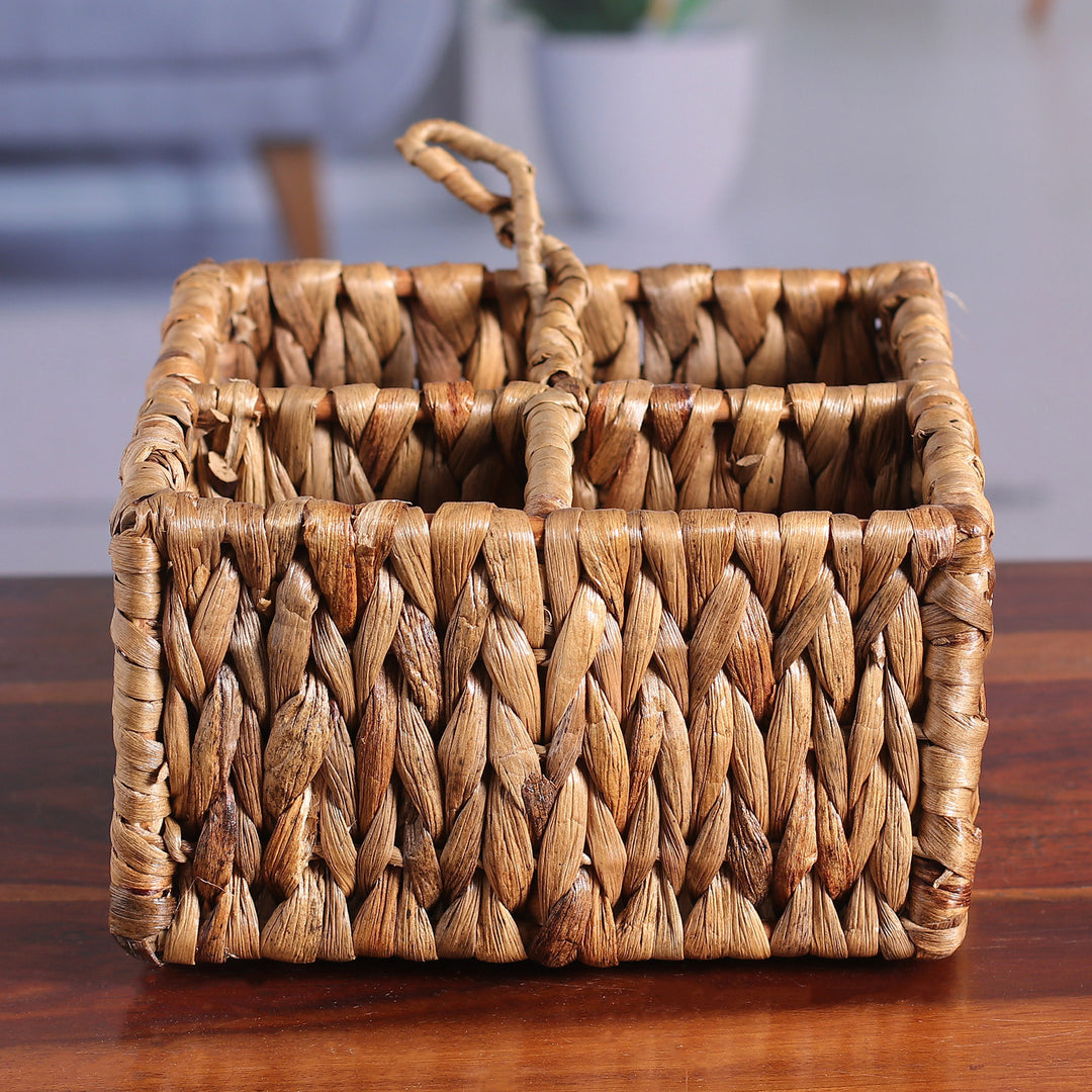 Water Hyacinth and Cane Fiber Three-Slot Cutlery Organizer - Neatly Natural