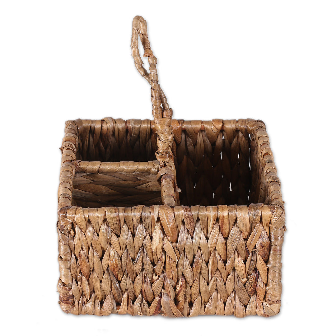 Water Hyacinth and Cane Fiber Three-Slot Cutlery Organizer - Neatly Natural
