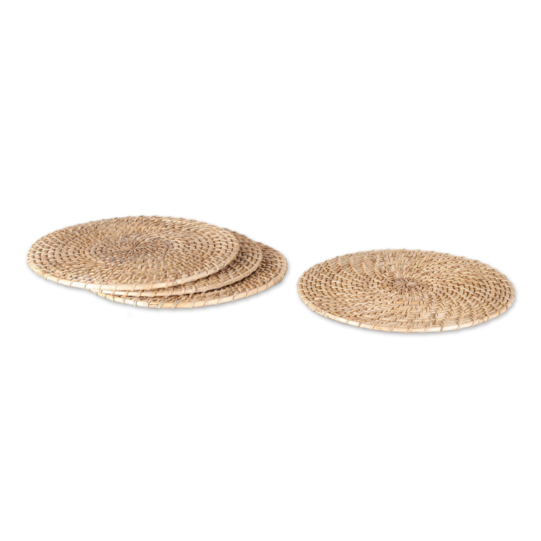 Set of Four Handwoven Round Natural Cane Fiber Placemats - Natural Flair