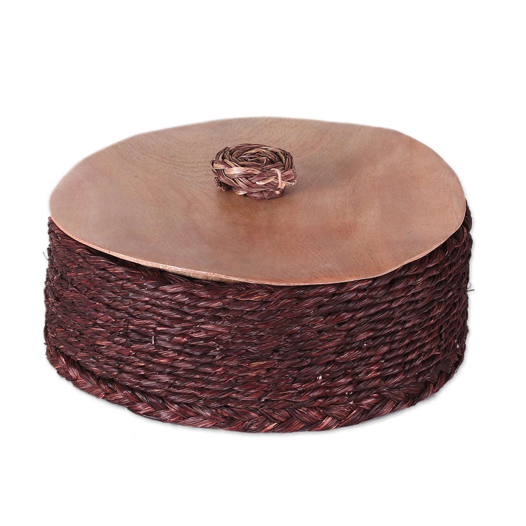 Handwoven Round Burgundy Natural Sabai Grass Fibers Basket - Palatial Nature