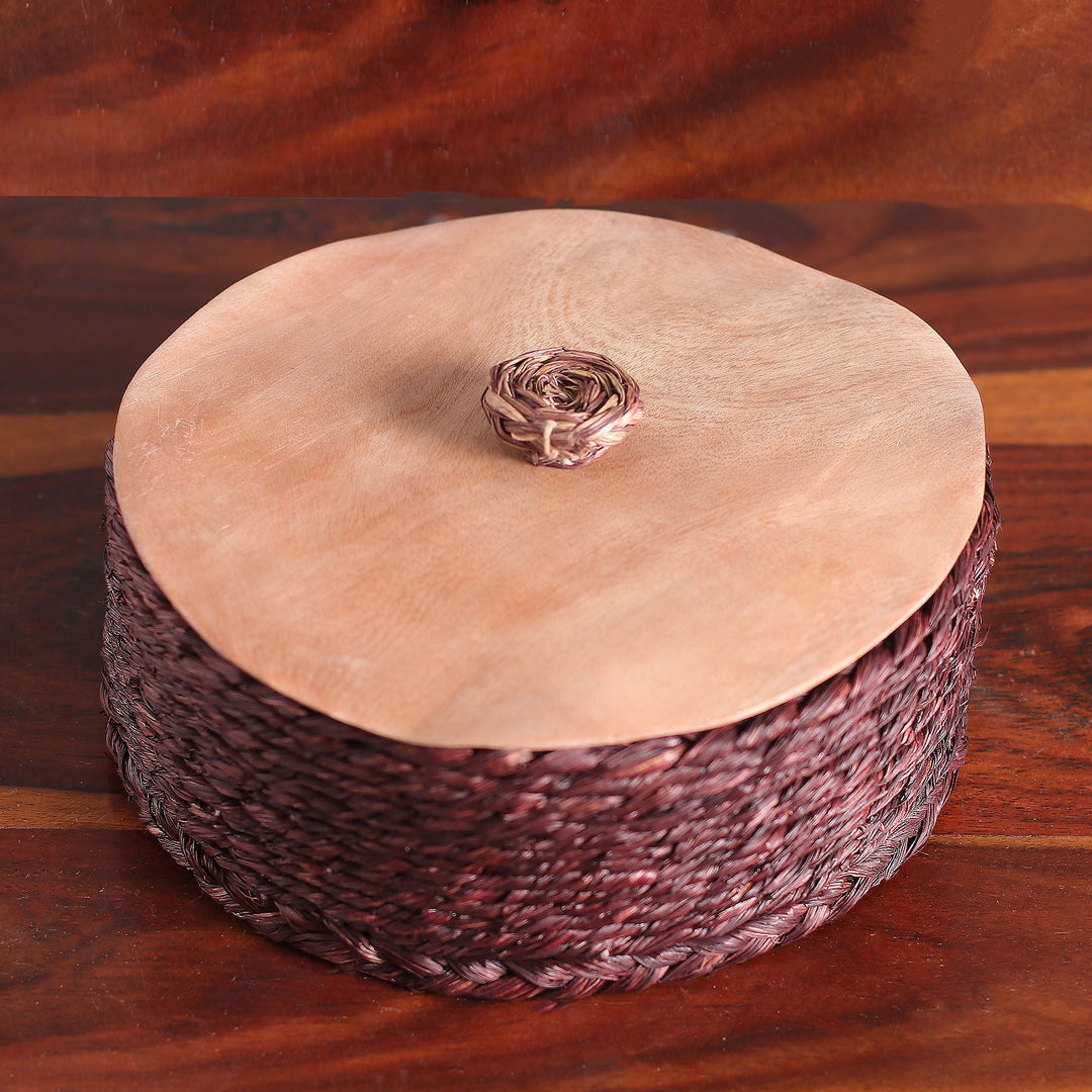 Handwoven Round Burgundy Natural Sabai Grass Fibers Basket - Palatial Nature