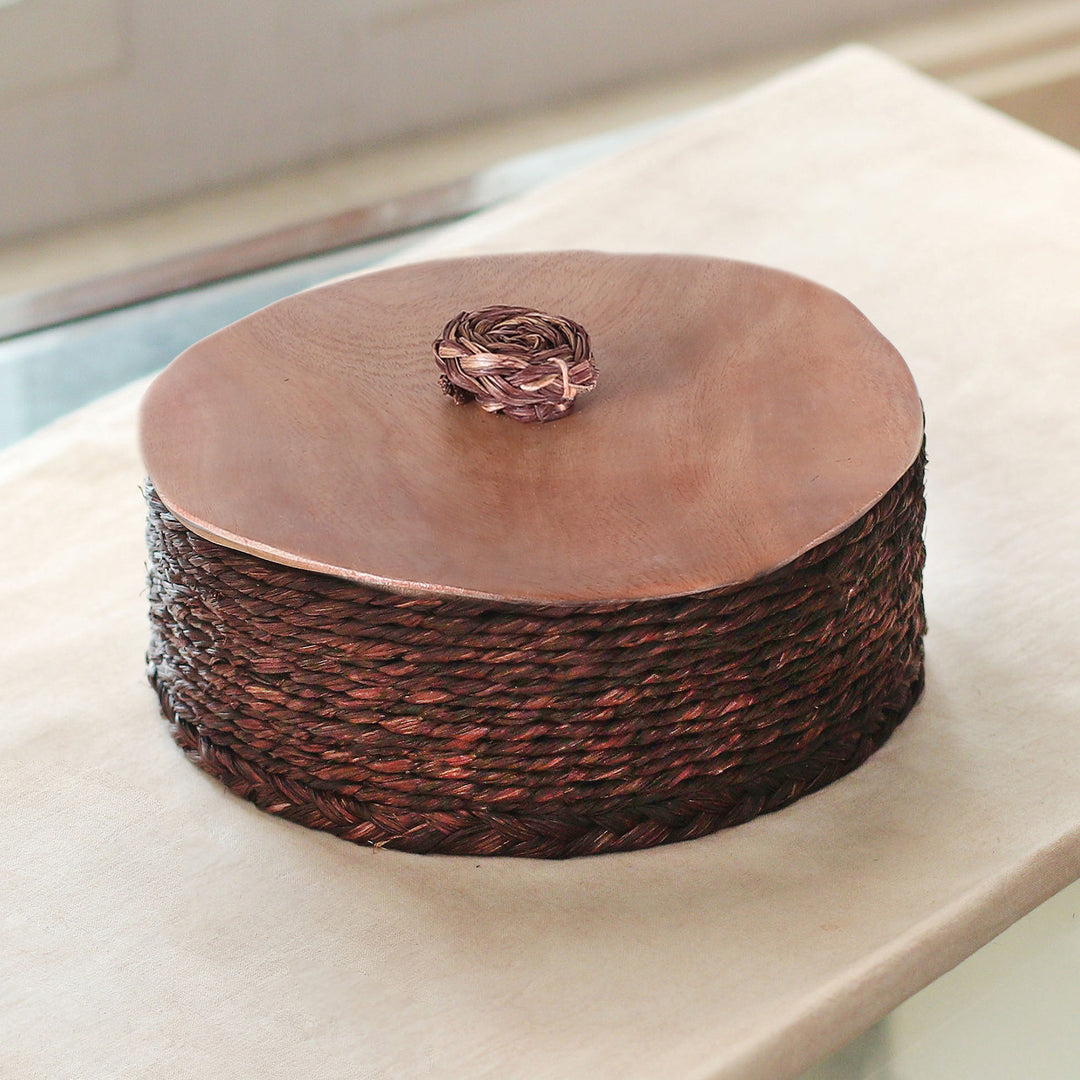 Handwoven Round Burgundy Natural Sabai Grass Fibers Basket - Palatial Nature