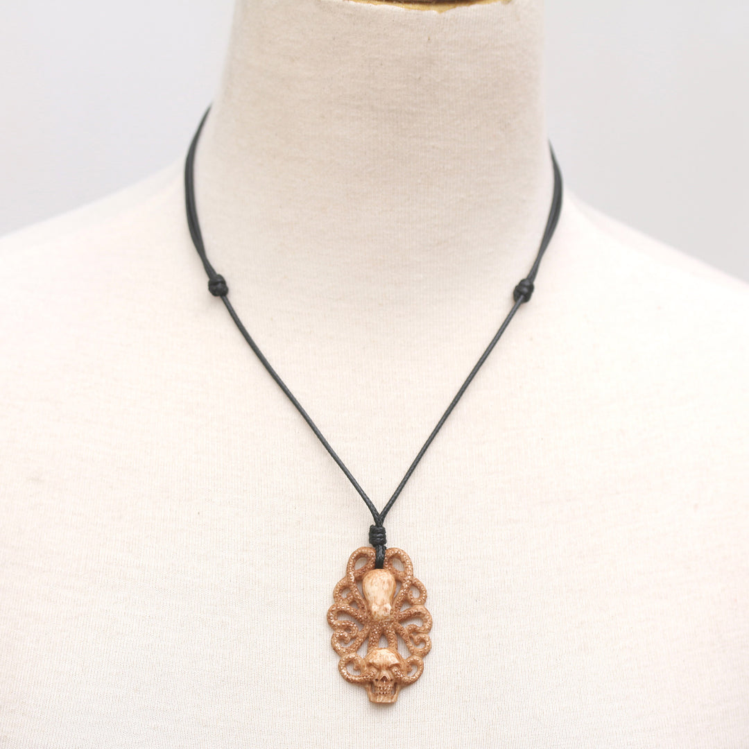 Hand-Carved Kraken-Themed Cotton Cord Pendant Necklace - King of Depths