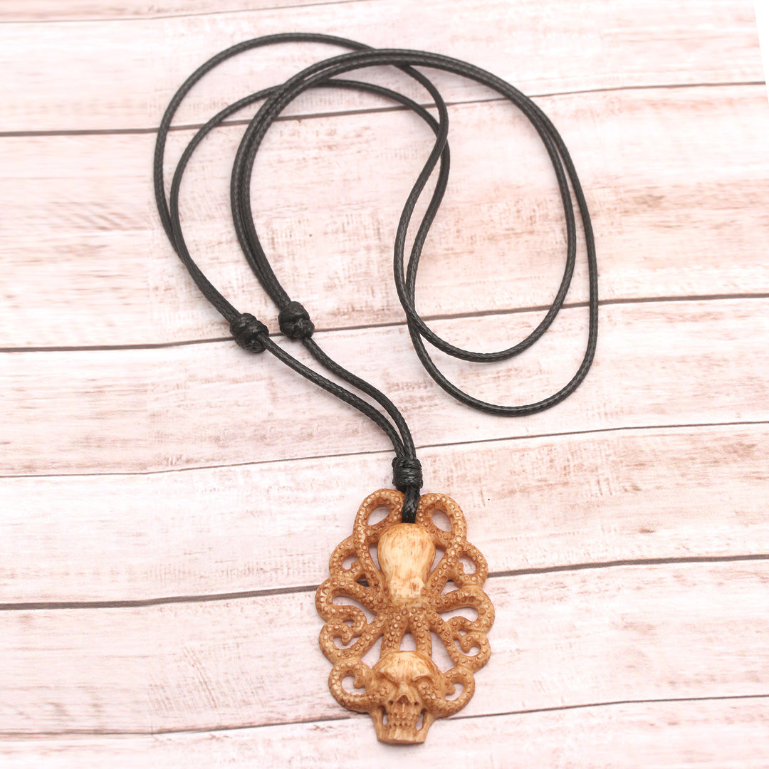 Hand-Carved Kraken-Themed Cotton Cord Pendant Necklace - King of Depths