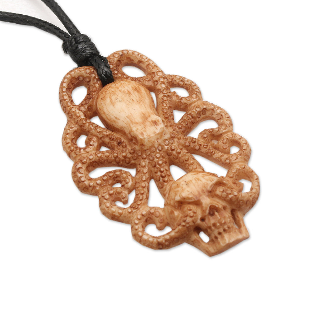 Hand-Carved Kraken-Themed Cotton Cord Pendant Necklace - King of Depths