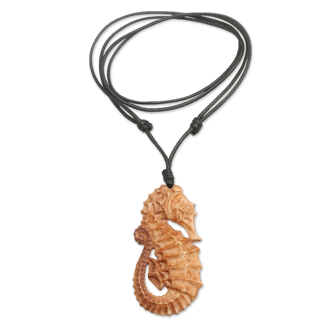 Hand-Carved Seahorse-Themed Cotton Cord Pendant Necklace - Warrior of the Sea