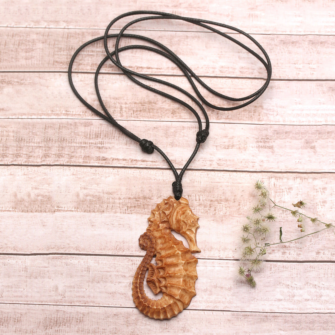 Hand-Carved Seahorse-Themed Cotton Cord Pendant Necklace - Warrior of the Sea