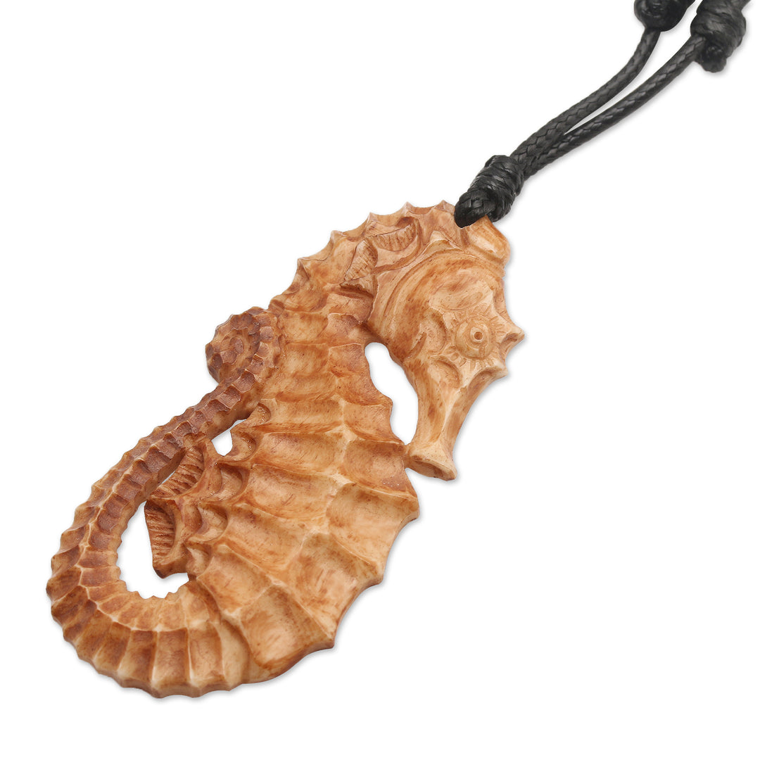 Hand-Carved Seahorse-Themed Cotton Cord Pendant Necklace - Warrior of the Sea