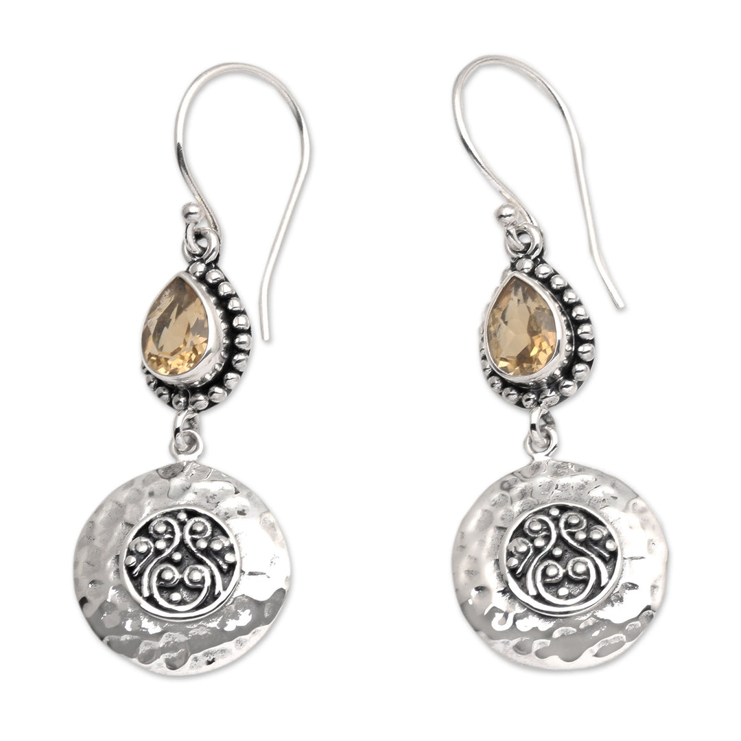 Textured Sterling Silver Pear-Shaped Citrine Dangle Earrings - Bali Yellow Paradise