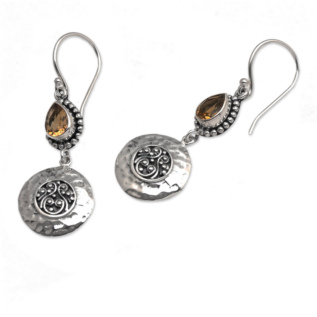 Textured Sterling Silver Pear-Shaped Citrine Dangle Earrings - Bali Yellow Paradise
