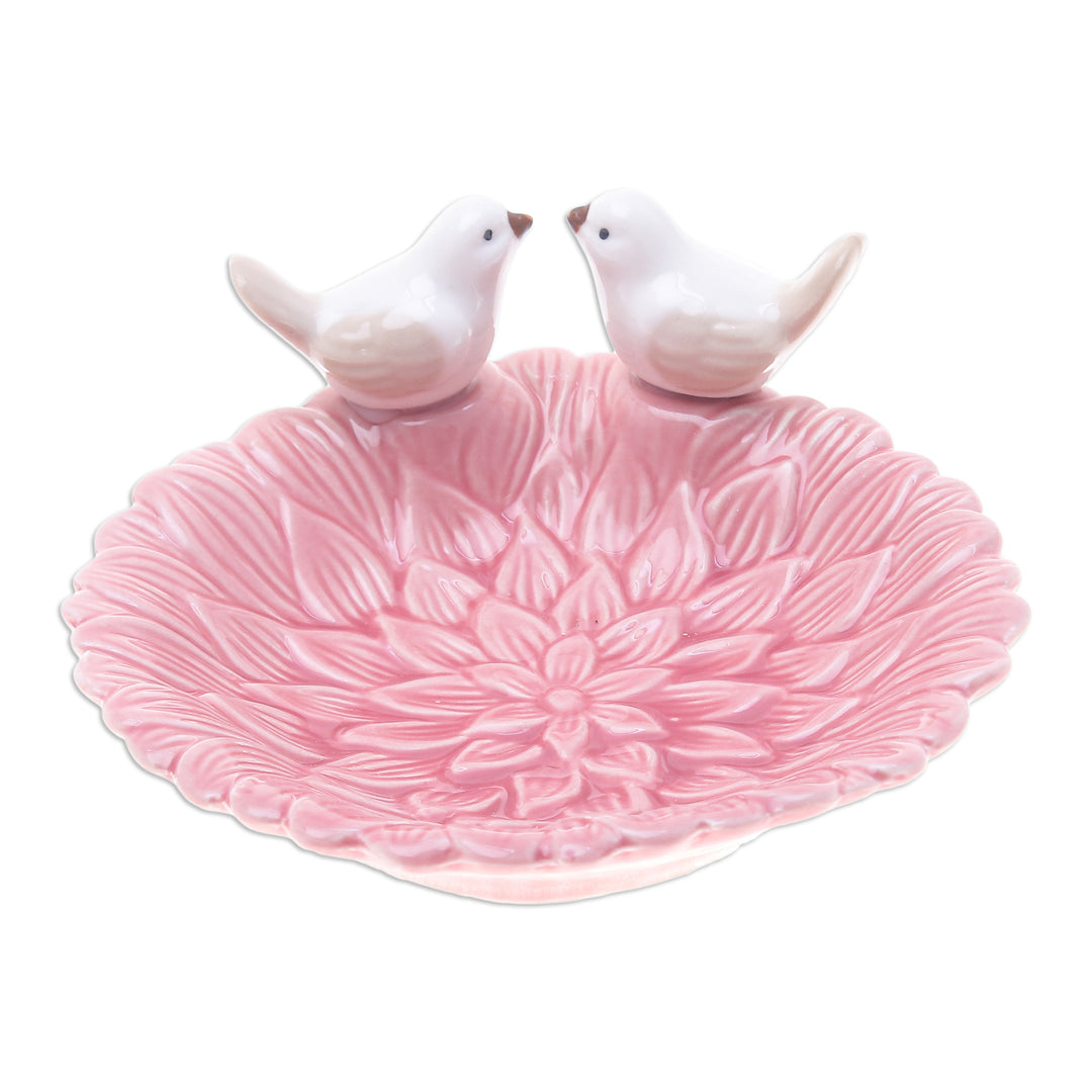 Handcrafted Bird-Themed Floral Pink Ceramic Catchall - Sweet Birds