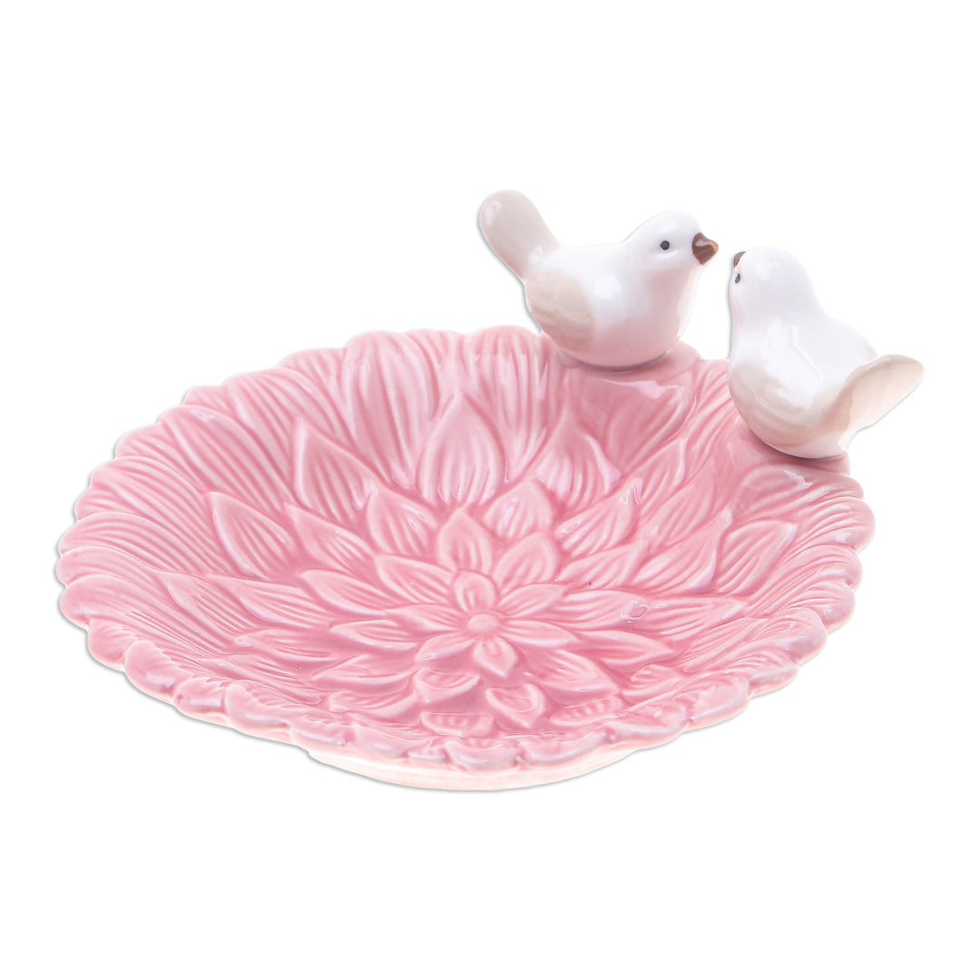Handcrafted Bird-Themed Floral Pink Ceramic Catchall - Sweet Birds