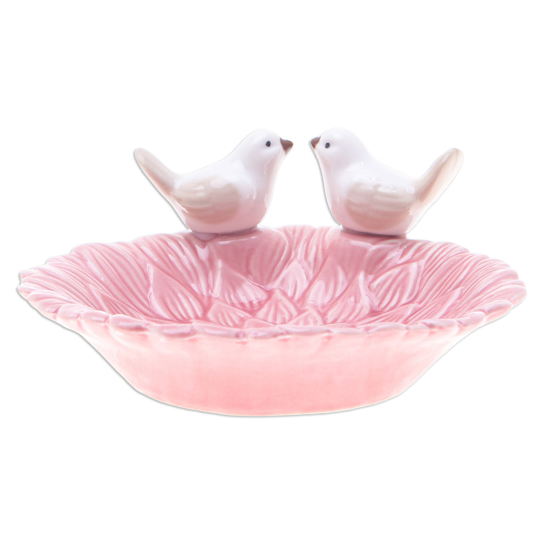 Handcrafted Bird-Themed Floral Pink Ceramic Catchall - Sweet Birds
