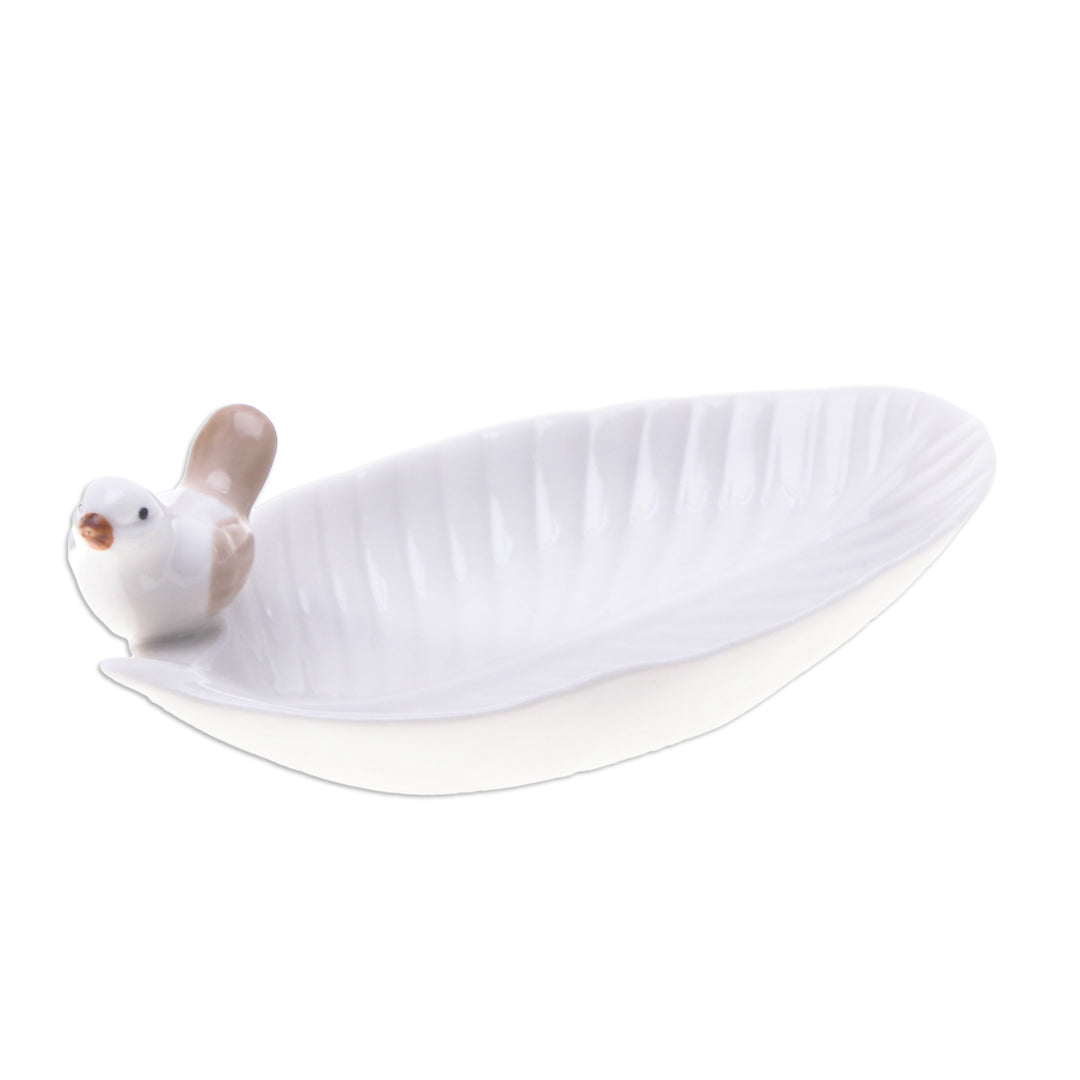 Handcrafted Bird-Themed Leaf-Shaped White Ceramic Catchall - Chants of Peace