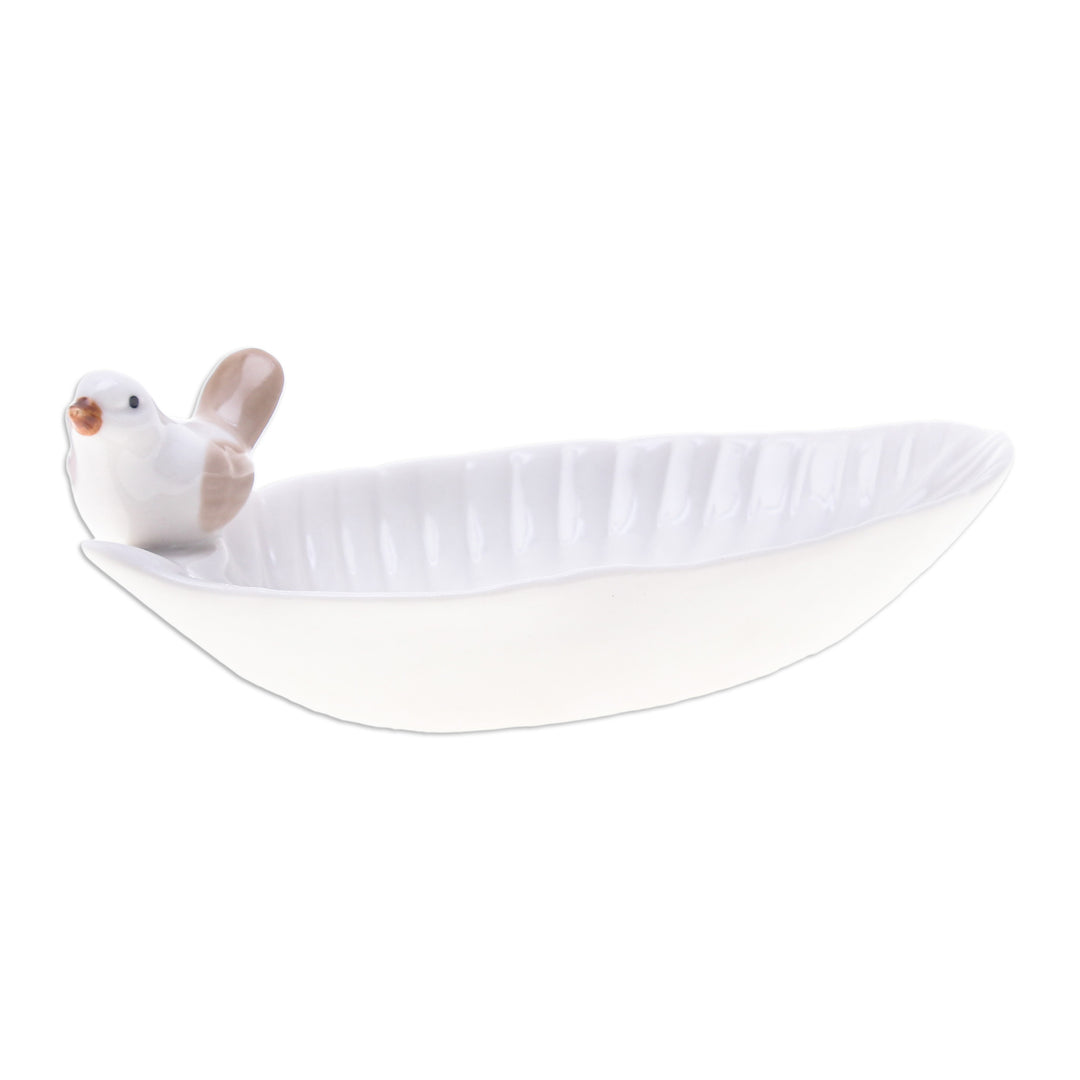 Handcrafted Bird-Themed Leaf-Shaped White Ceramic Catchall - Chants of Peace