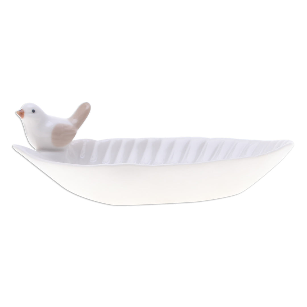 Handcrafted Bird-Themed Leaf-Shaped White Ceramic Catchall - Chants of Peace