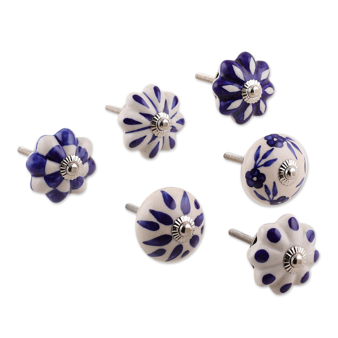 Set of 6 Floral Blue and White Ceramic Knobs - Blooming Blue