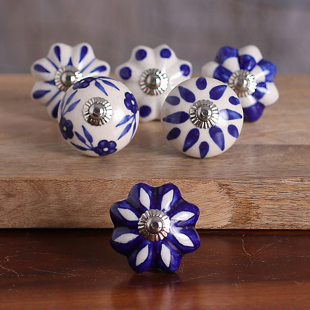Set of 6 Floral Blue and White Ceramic Knobs - Blooming Blue