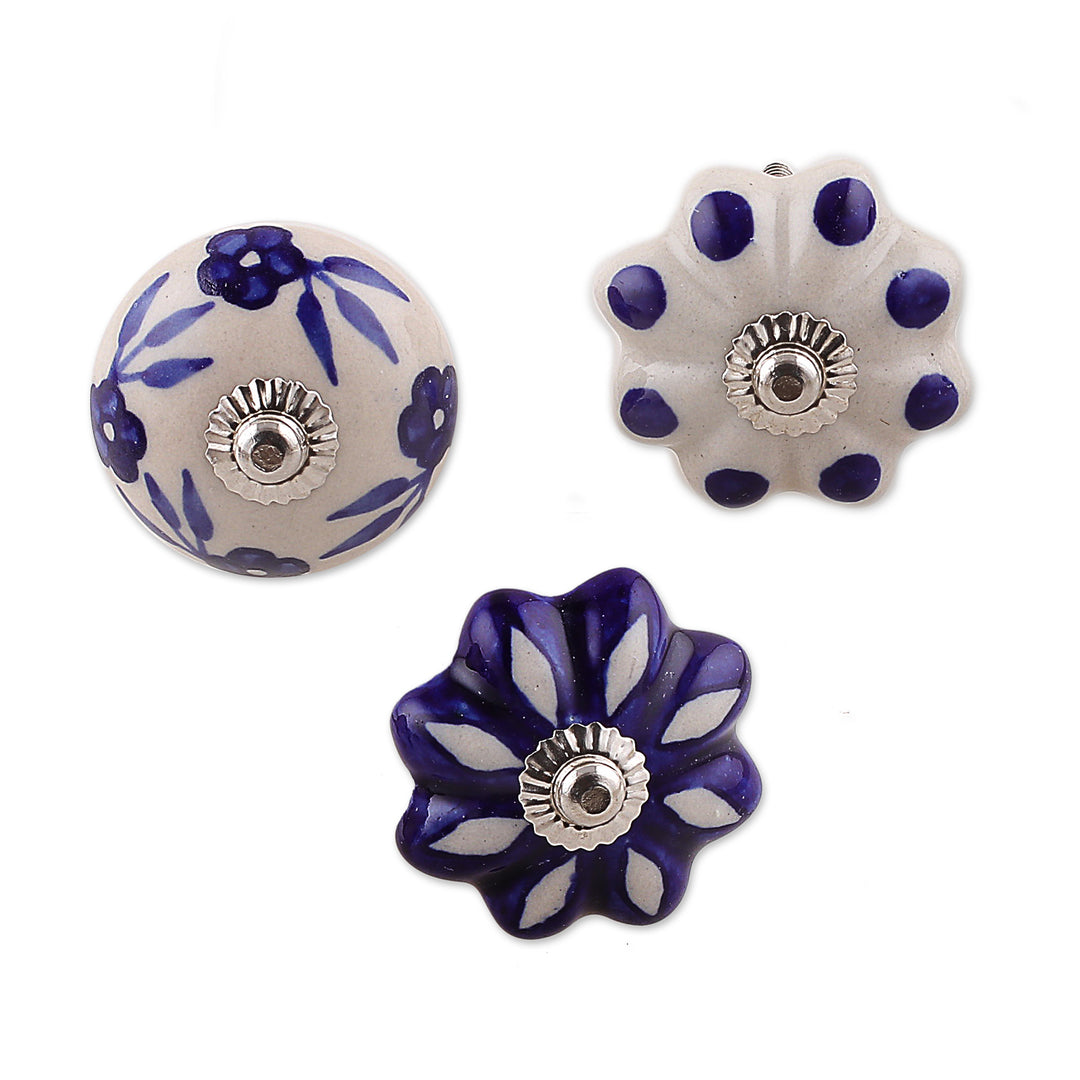 Set of 6 Floral Blue and White Ceramic Knobs - Blooming Blue
