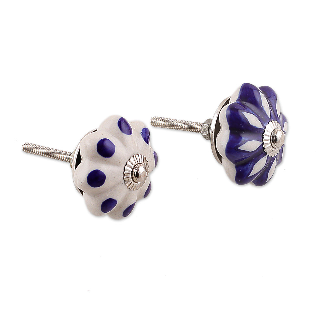 Set of 6 Floral Blue and White Ceramic Knobs - Blooming Blue