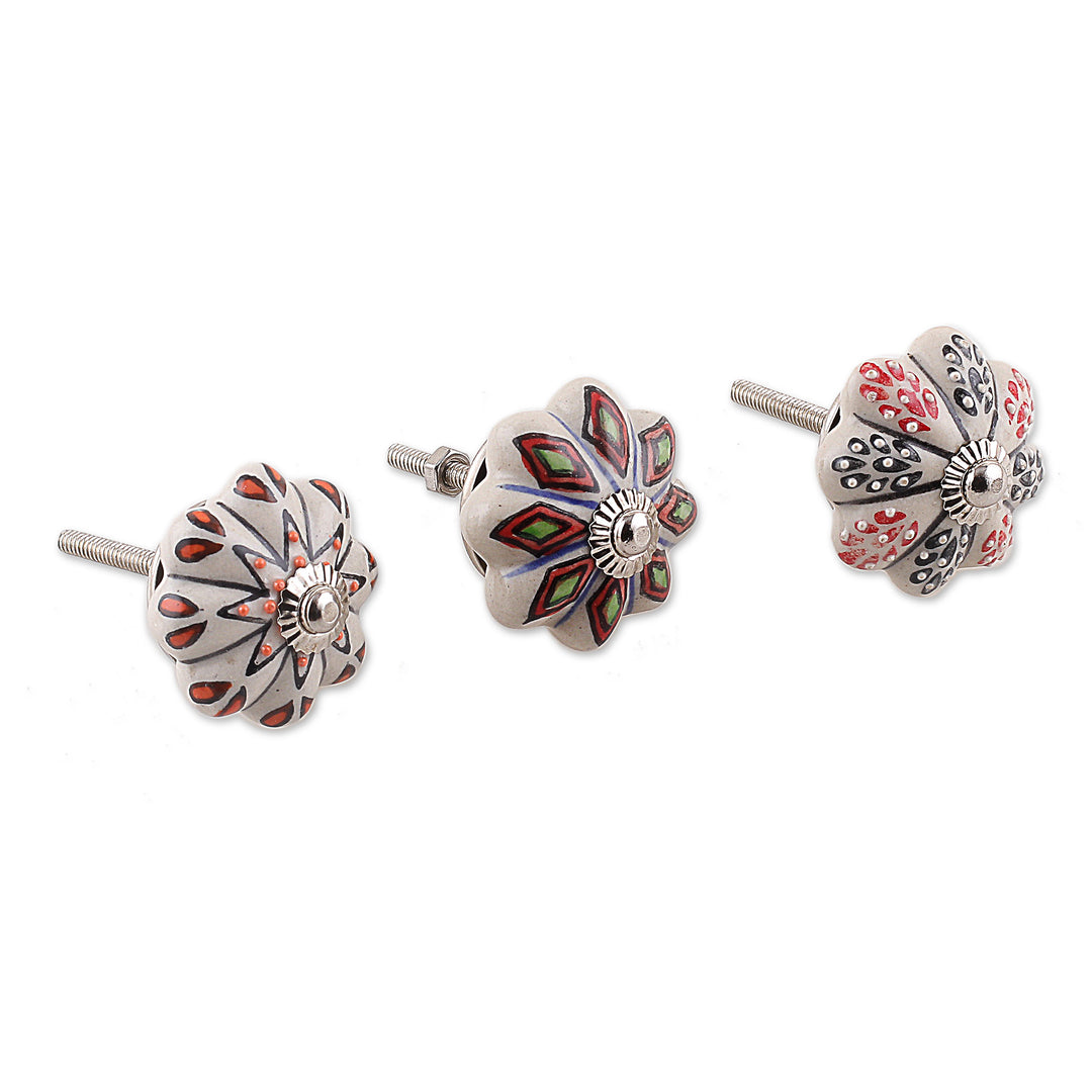 Set of Nine Floral Colorful Ceramic Knobs from India - Palatial Spring