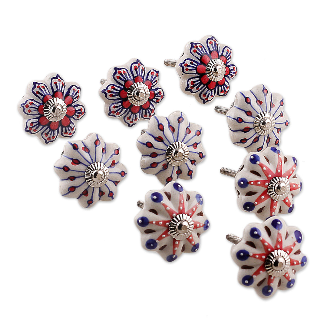 Set of 9 Floral Blue and Red Ceramic Knobs from India - Fantasy Spring