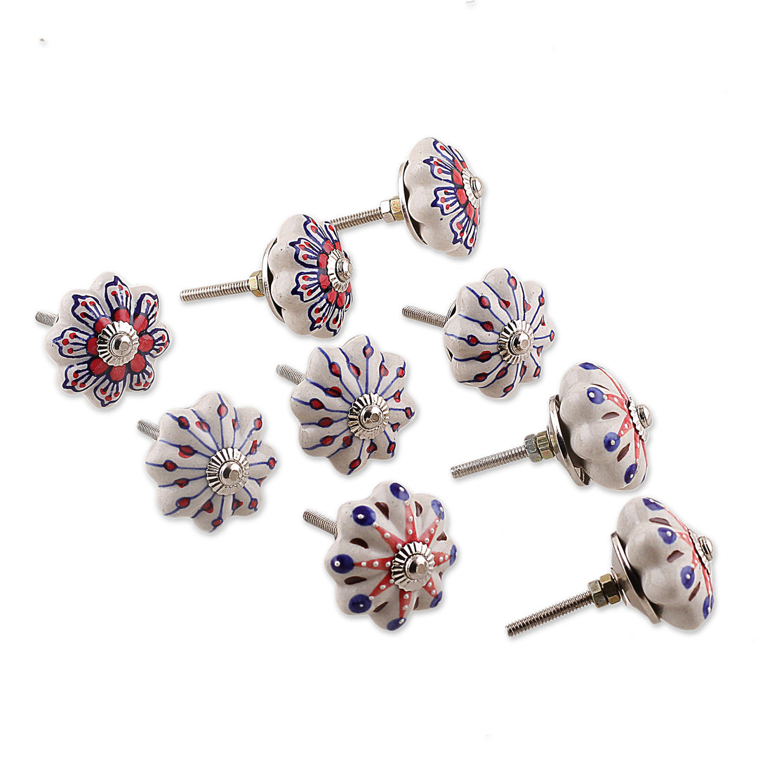 Set of 9 Floral Blue and Red Ceramic Knobs from India - Fantasy Spring