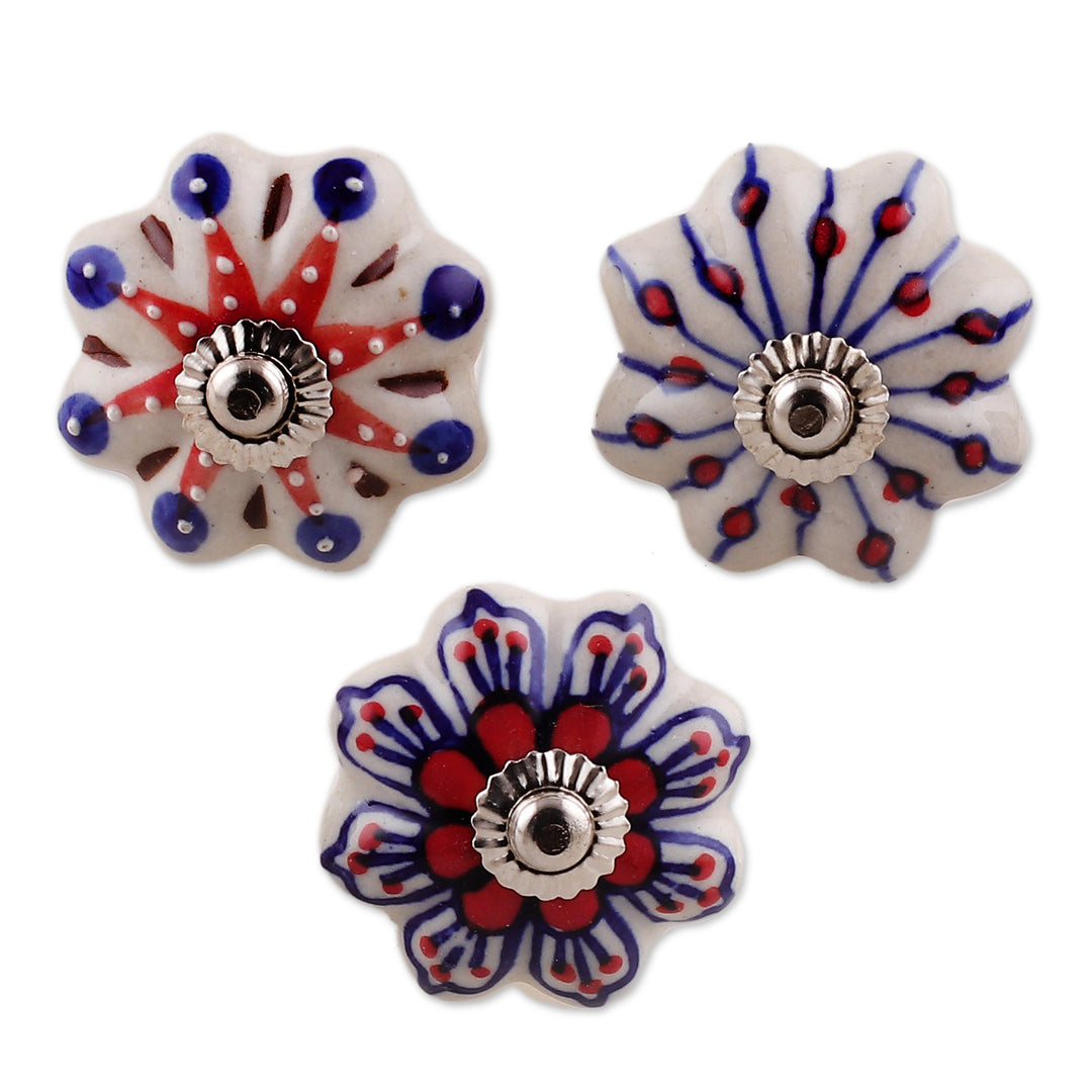 Set of 9 Floral Blue and Red Ceramic Knobs from India - Fantasy Spring