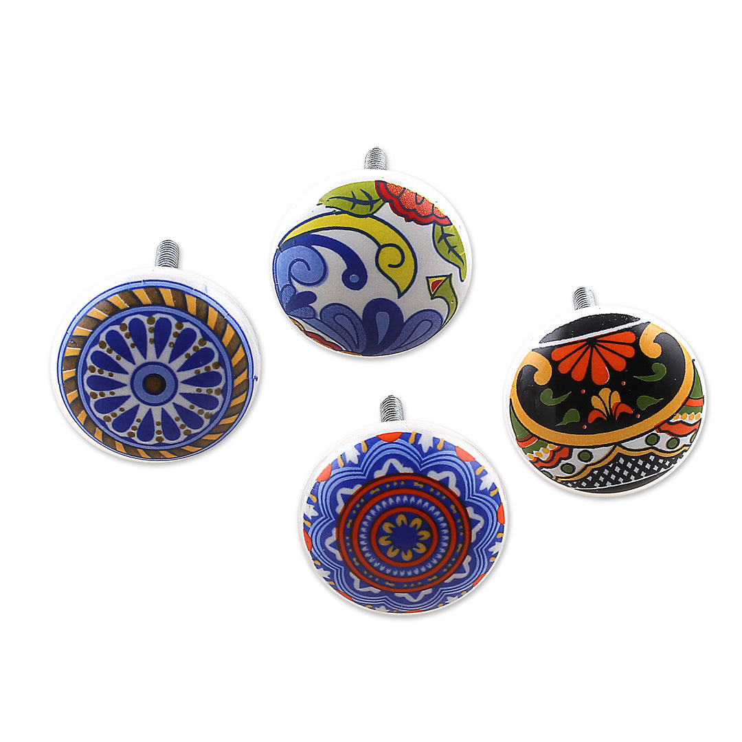 9 Ceramic Knobs with Hand-Painted Floral and Leaf Motifs - Harmonious Beauty